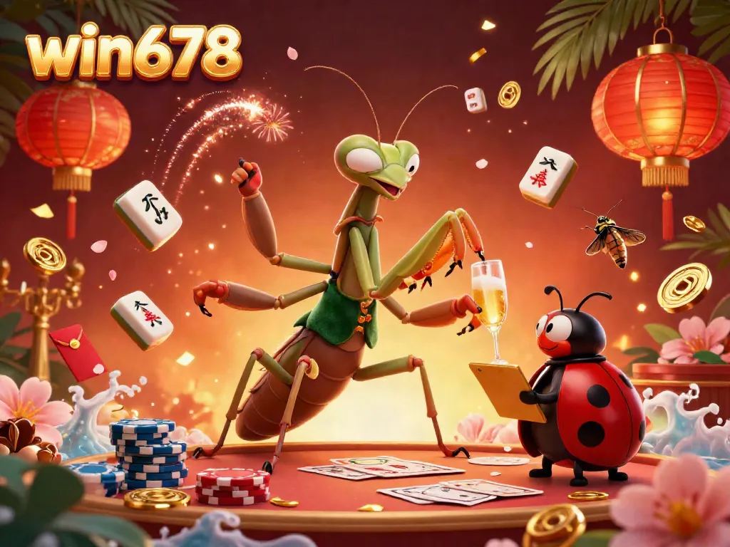 Win678's vibrant casino scene showcases a giant praying mantis dealing cards, enhancing player excitement.