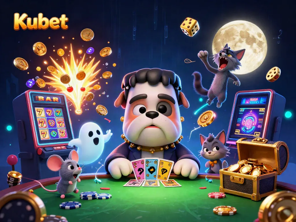 Kubet gaming scene featuring a Frankenstein bulldog dealing cards with a ghost mouse, surrounded by casino elements.