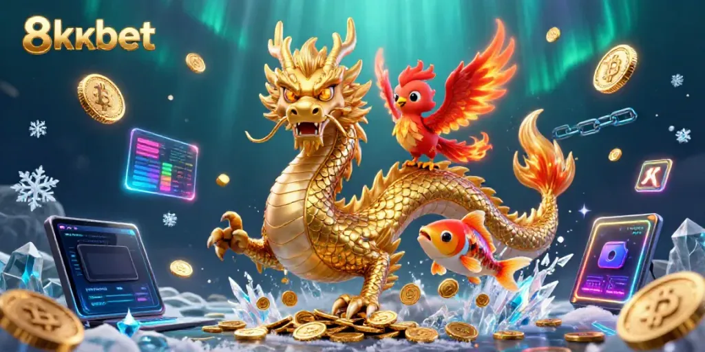 Experience the thrill of 8xbet gambling with dynamic elements and mythical creatures in a vibrant scene.