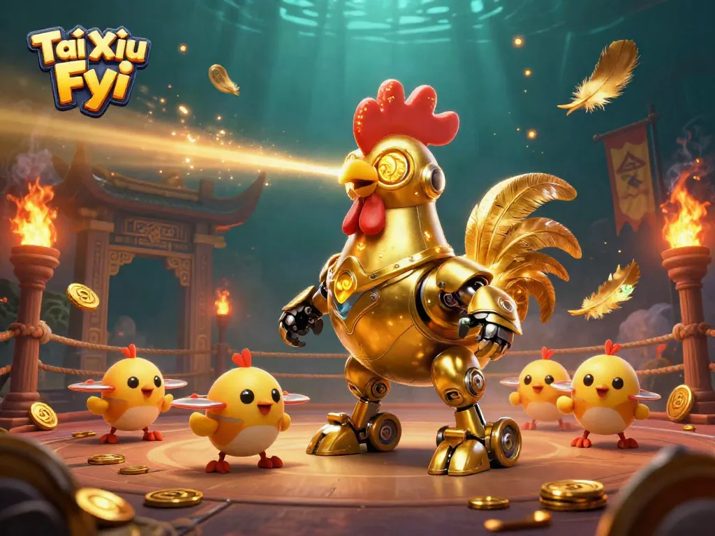 Tài Xỉu Fyi shows a golden rooster robot and drones amidst a vibrant gambling scene.