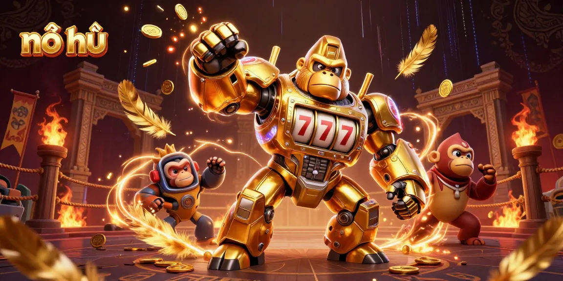 Engaging scene of nổ hũ with a mech gorilla and coins exploding, perfect for gambling enthusiasts.