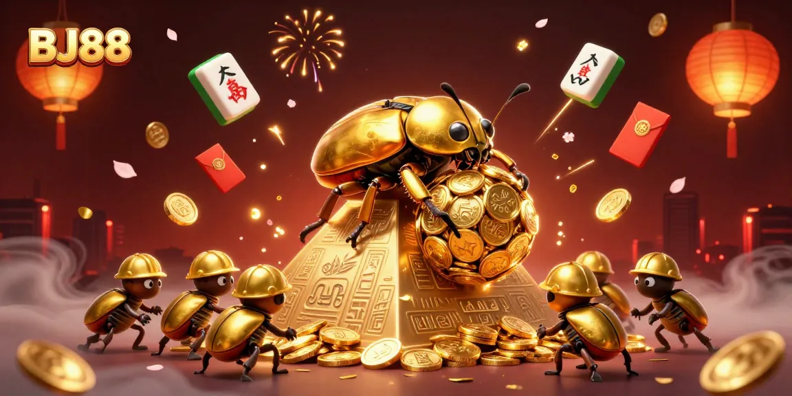 Experience BJ88's winning atmosphere with a golden beetle scene full of casino excitement.