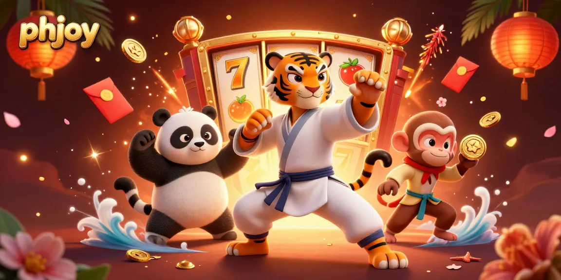 Engage with phjoy's thrilling casino experience featuring a kung fu tiger, panda, and monkey amid slot game elements.