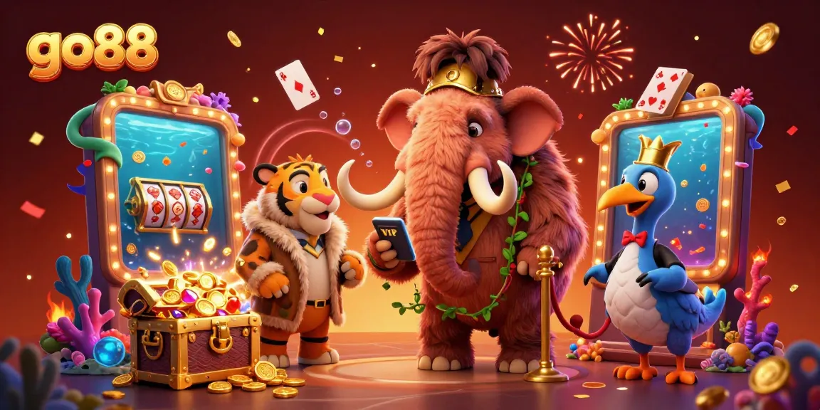 Join the excitement at go88 with a vibrant casino scene featuring unique animal characters and dynamic game elements.