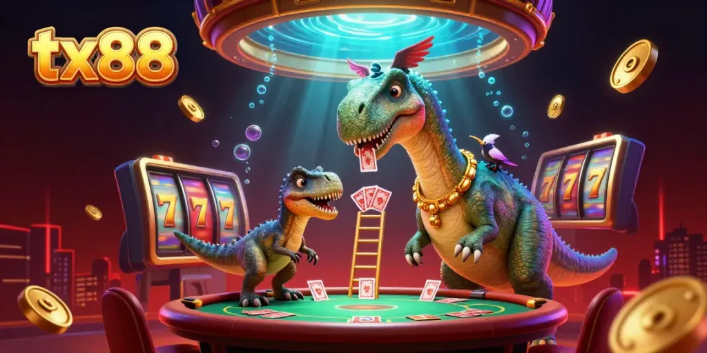 Engage in thrilling gaming at tx88's vibrant casino, featuring an imaginative dinosaur and a clever dealer.