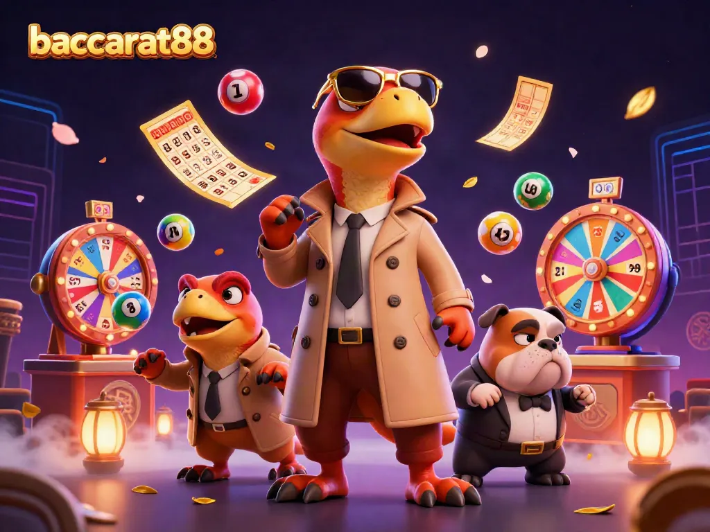 Baccarat88 scene with three raptors in disguise and a bulldog bouncer amidst vibrant lottery elements.