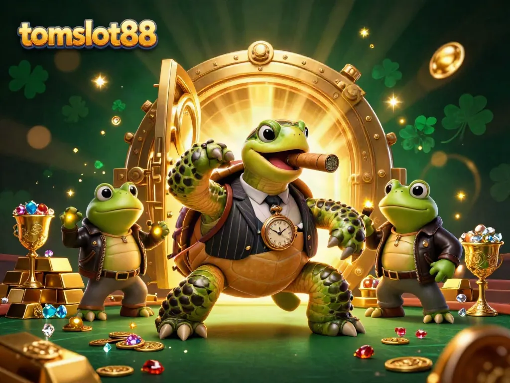 Experience excitement at tomslot88 with an animated scene featuring a mobster turtle and bullfrog enforcers in a vibrant casino.