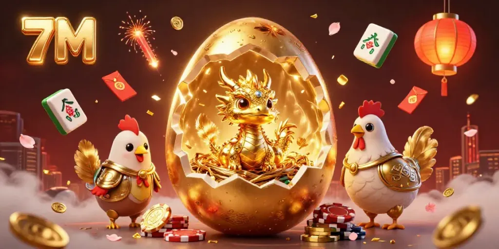 Engage with the vibrant 7M casino scene featuring a golden dragon and poker chips amidst festive decorations.
