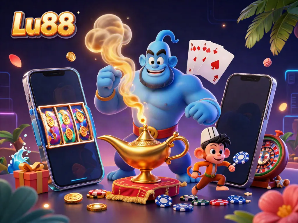Engage with thrilling Lu88 casino adventures as a muscular genie bursts from a lamp, under dynamic gambling elements.