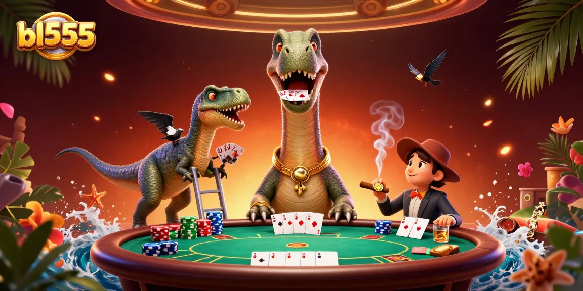 Experience thrilling gameplay at bl555 with a giant brontosaurus and clever raptor in a vibrant casino scene.