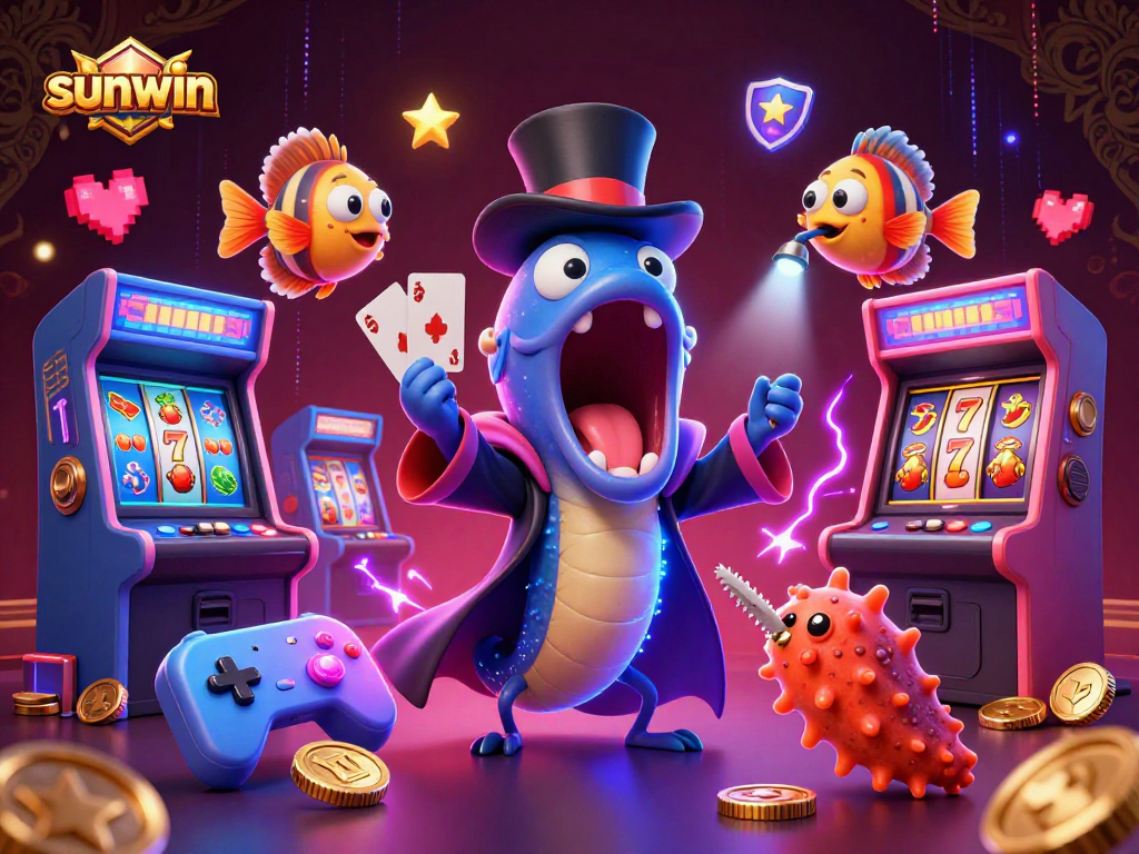 Engage in sunwin's magical card tricks with underwater characters in a vibrant casino scene.