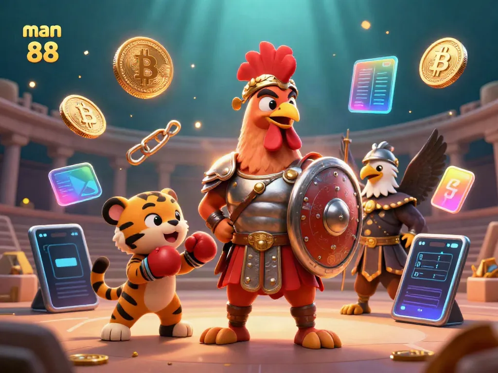 Experience exhilarating gameplay with man 88 featuring a gladiator rooster and neon crypto coins in action.