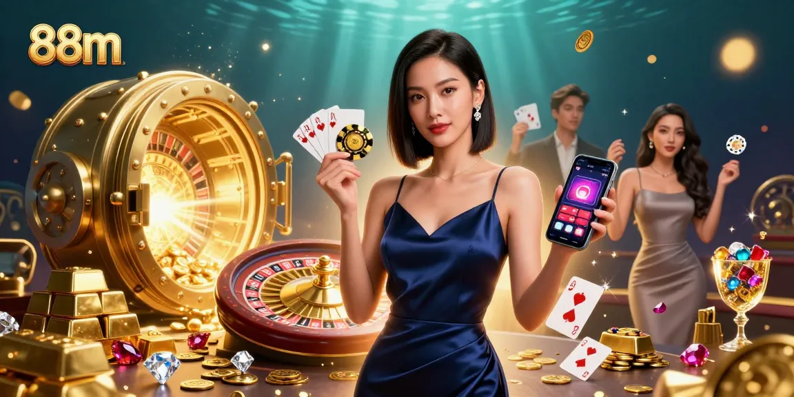 Experience high-stakes gambling at 88m with stunning visuals of a confident player and vibrant casino elements.