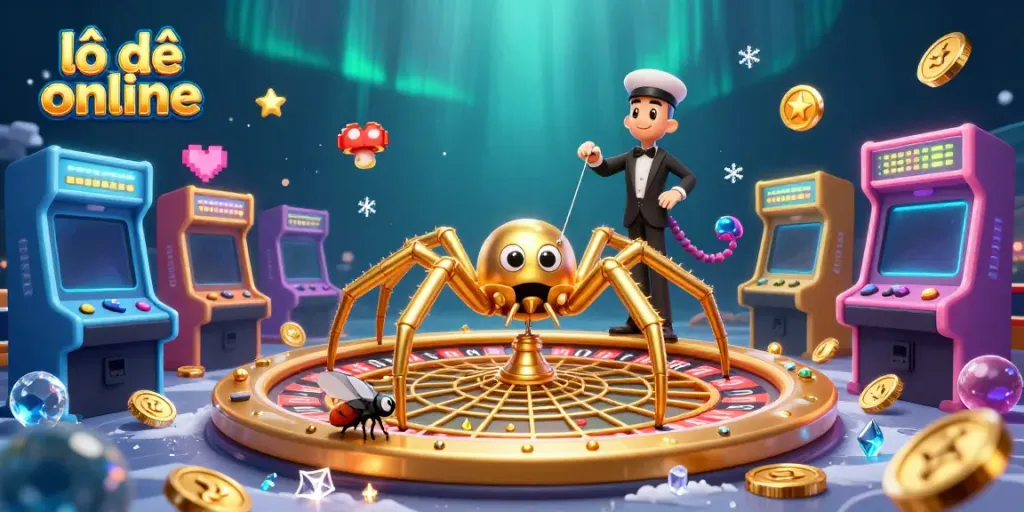 Engage in lô đề online betting with a vibrant 3D scene featuring a spider roulette and a centipede dealer.