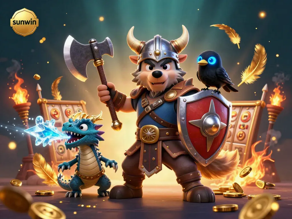 Experience thrilling gameplay and visual splendor with Sunwin's Viking-themed illustration featuring dynamic casino elements.
