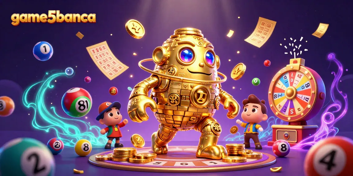 Experience an exciting game of chance with game5banca featuring a dynamic 3D golden golem surrounded by colorful lottery elements.