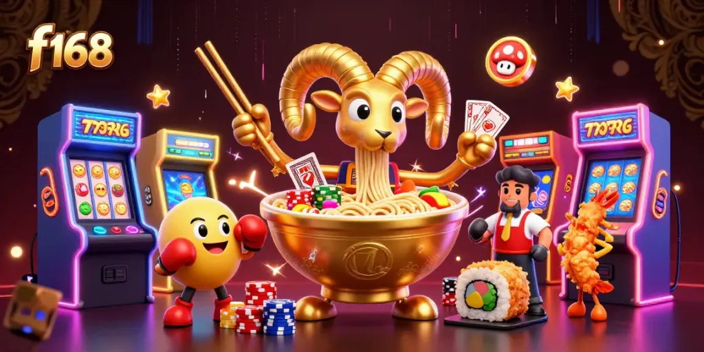 Engage with the dynamic world of f 168, where a golden ramen bowl dealer interacts with flashy slot elements.