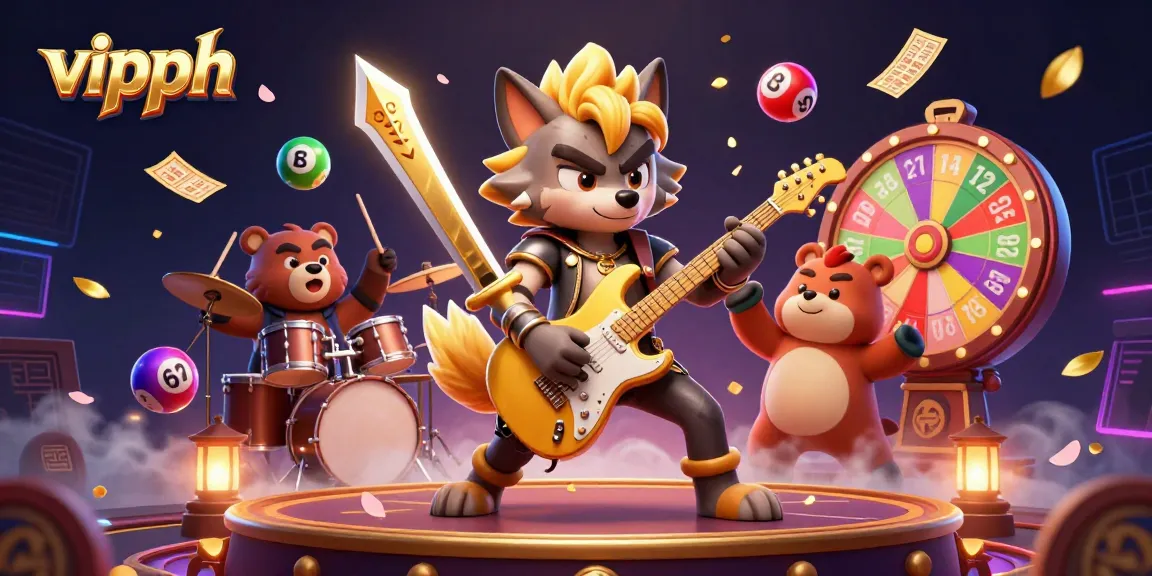 A lively 3D illustration showcasing vipph's engaging casino atmosphere with colorful lottery balls, a rock star wolf, and festive elements.