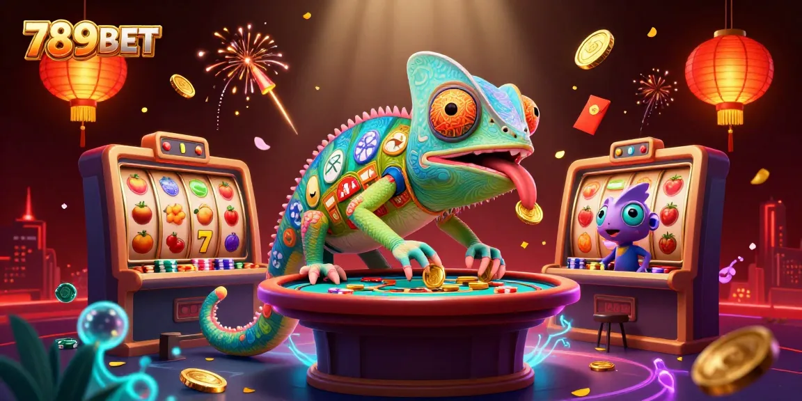 Experience thrilling gameplay at 789BET with vibrant 3D chameleon casino-themed illustration.