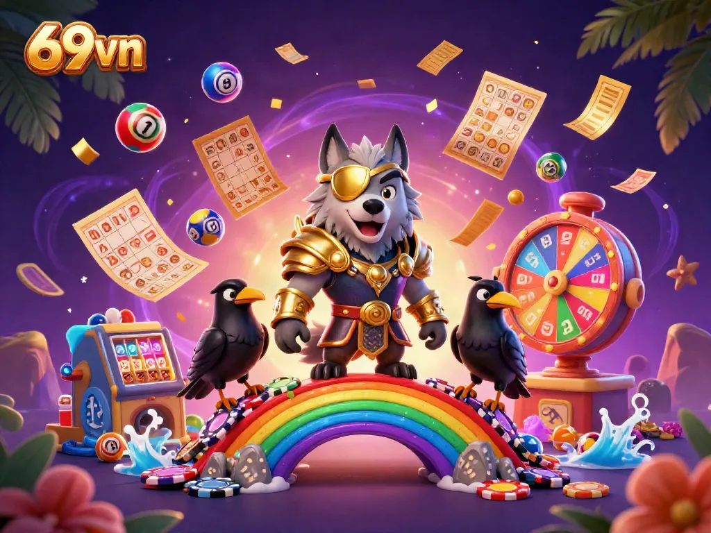 Experience the vibrant casino world of 69vn with Odin and his ravens amidst colorful lottery elements.