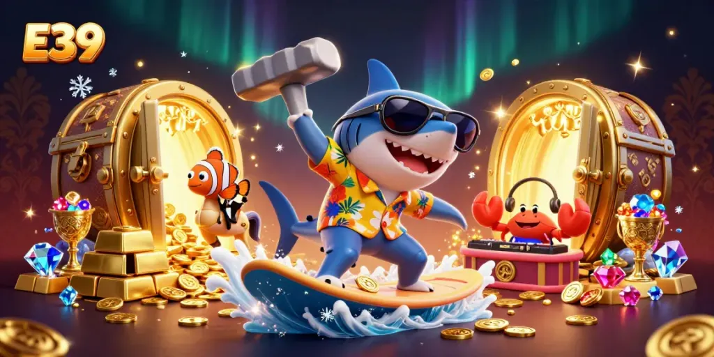 Experience thrilling entertainment with E39: Shark surfing on gold coins in a vibrant casino scene