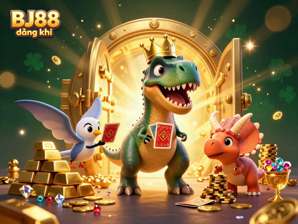 BJ88 đăng ký showcases a T-Rex and triceratops in a vibrant casino scene packed with gold and treasure.