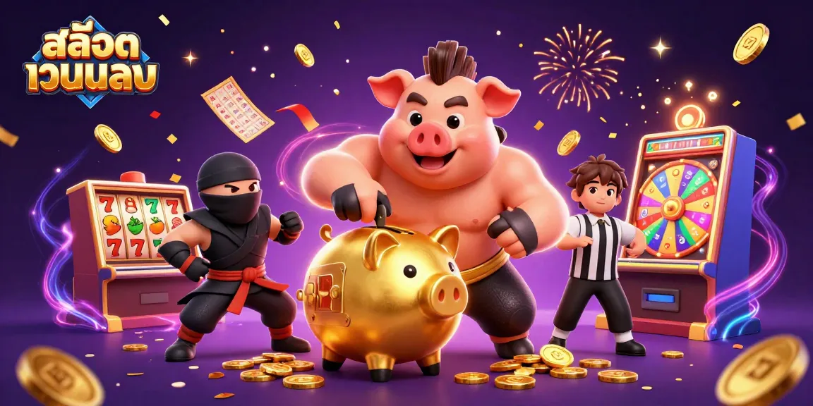 Experience thrilling สล็อตเว็บตรง action with a dynamic scene of a golden piggy bank sumo wrestler and samurai referee.