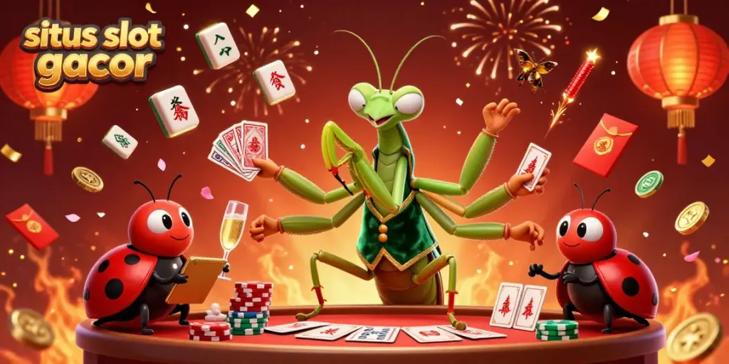 Exciting scene illustrating situs slot gacor with vibrant characters and festive casino elements.