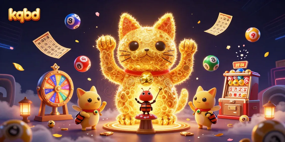 KQBD displays a golden lucky cat made of fireflies, amidst vibrant colorful lottery elements for an exciting betting journey.
