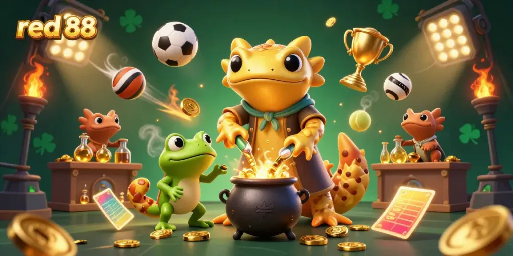 Engage in thrilling gaming action with red 88, featuring vibrant 3D cartoon characters transforming gold in a lively casino scene.