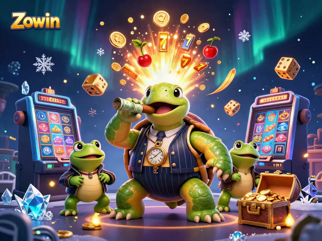 Experience the excitement of Zowin with a dynamic casino scene featuring a turtle mobster and lively gaming elements.