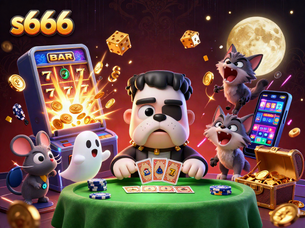 Enter the thrilling world of s666 with a cartoon bulldog and monster-themed casino scene