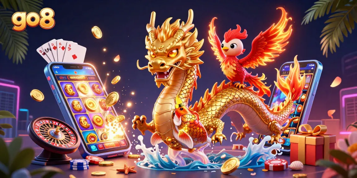Spin to win at go8 with a vibrant 3D casino scene featuring a dragon, phoenix, and koi fish amidst games.