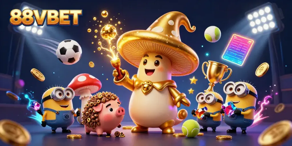 Experience the enchantment of 88VBET with a magical gaming scene filled with treasures and sports elements.
