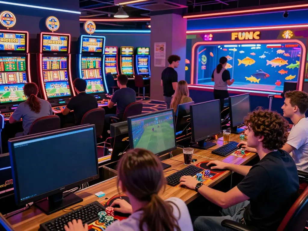 Engaged players at a lively online gaming casino atmosphere showcasing diverse games like betting, slots, and fishing.