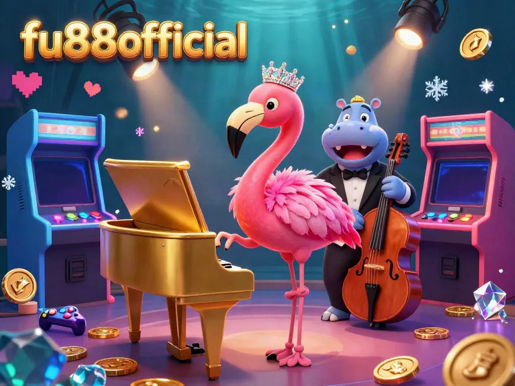 Experience the vibrant ambiance of fu88offical casino with a singing flamingo and hippo bassist in lively 3D style.