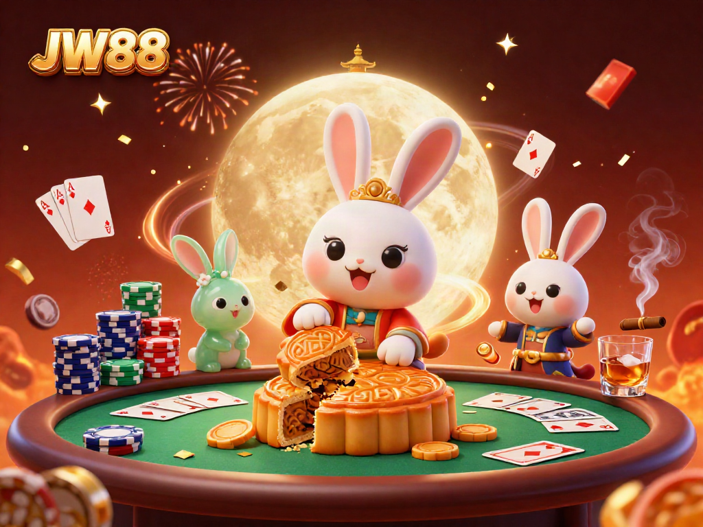 JW88 showcases a festive 3D scene with ancient folklore characters and poker elements.