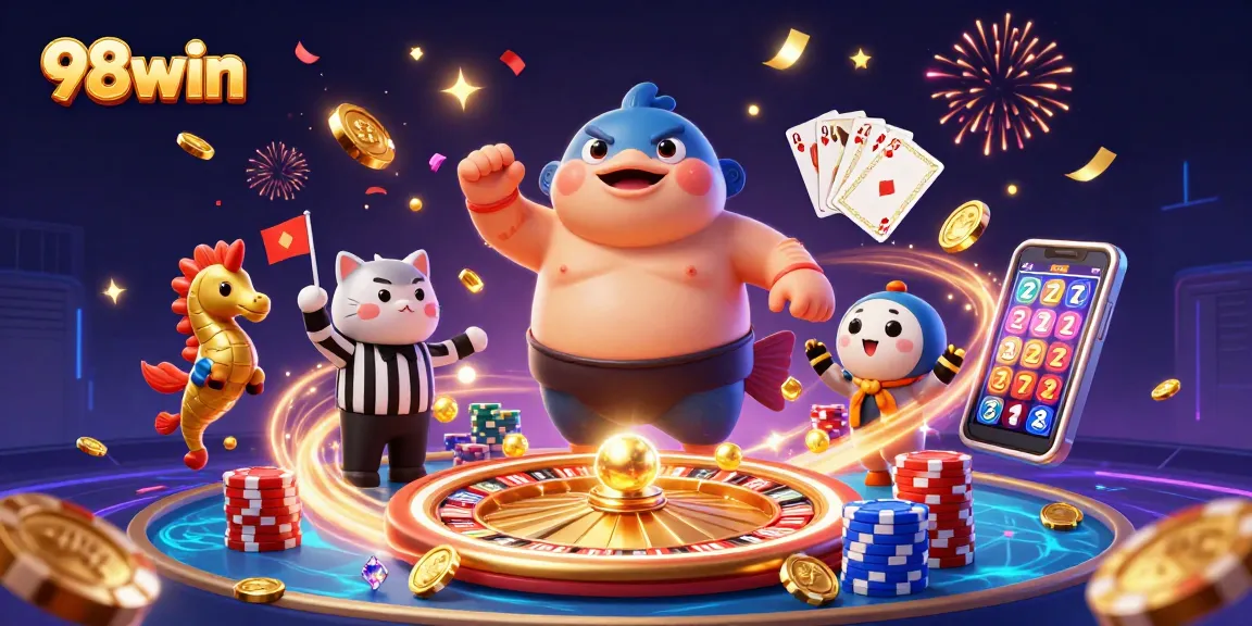 Experience thrilling moments at 98win with vibrant casino games surrounded by dynamic elements.