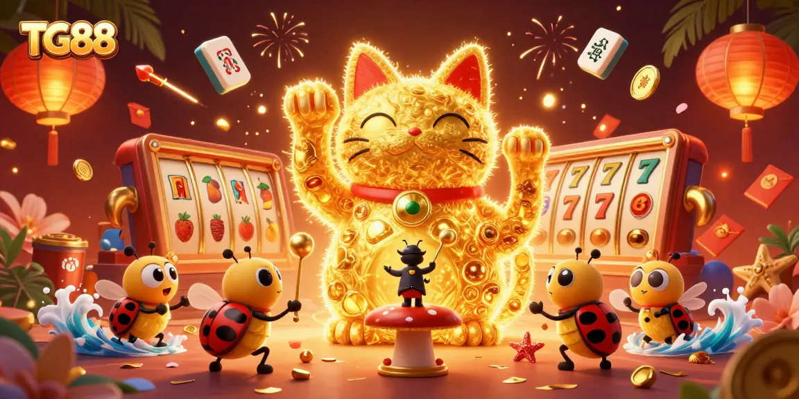 Experience the thrill of TG88 with dynamic casino symbols and a lively lucky cat illustration.