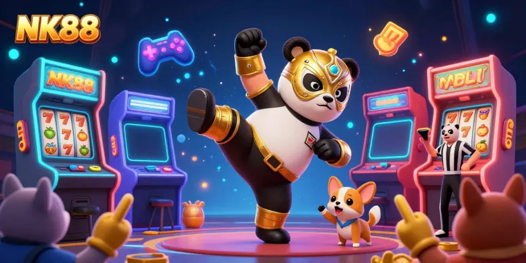 Experience thrilling gaming action at NK88 with a panda wrestler kicking through colorful casino visuals.