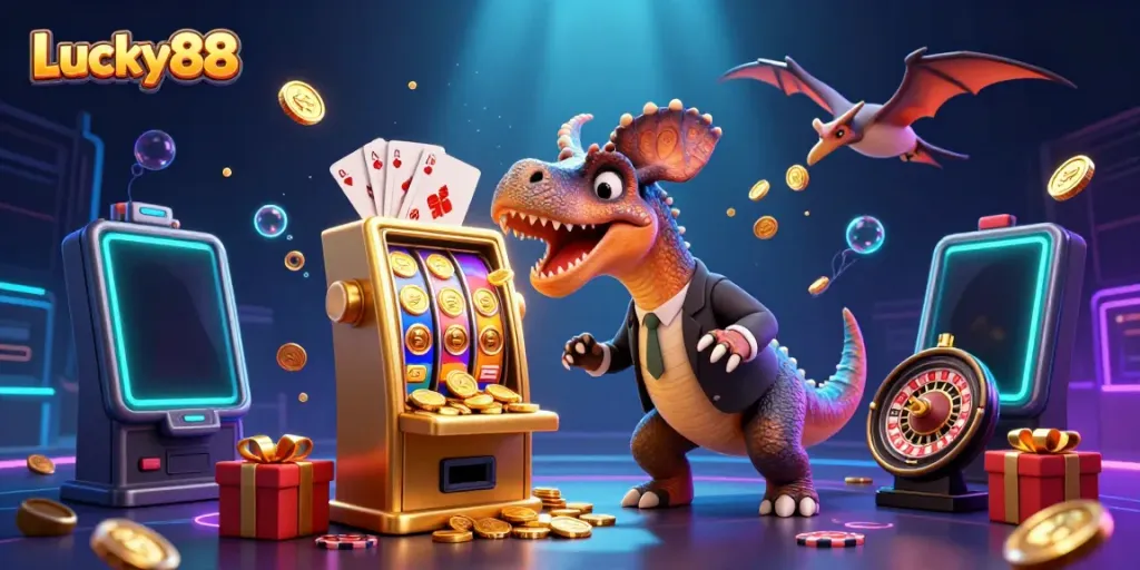 Experience Lucky88 with a pachycephalosaurus headbutting a golden slot machine showering coins.