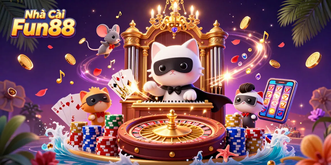 Engage with the captivating scene of Nhà cái Fun88 featuring a dynamic casino illustration with golden coins and sparkling gems.
