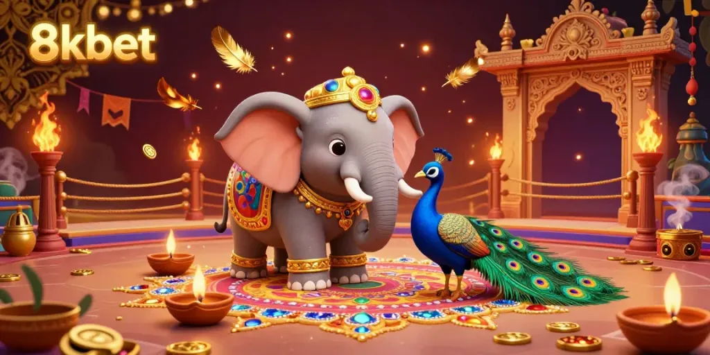Bet big with 8xbet in a vibrant casino scene featuring a Diwali elephant and peacock.