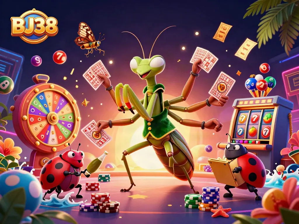 Engage with BJ38 casino action featuring a mantis card sharp and ladybug pit boss amid vibrant game elements.