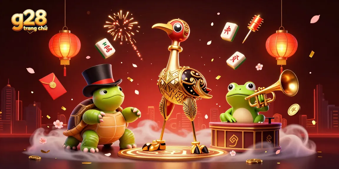 Spin and win at g28 trang chủ with vibrant casino elements and festive characters dazzling in a 3D illustration.