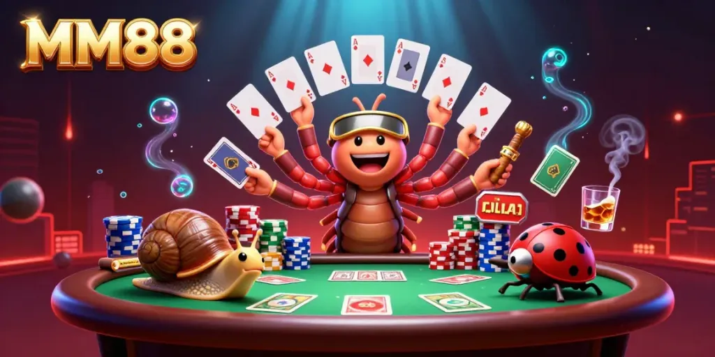 Experience the dynamic casino scene with MM88's vibrant characters, showcasing poker excitement and unique gameplay.