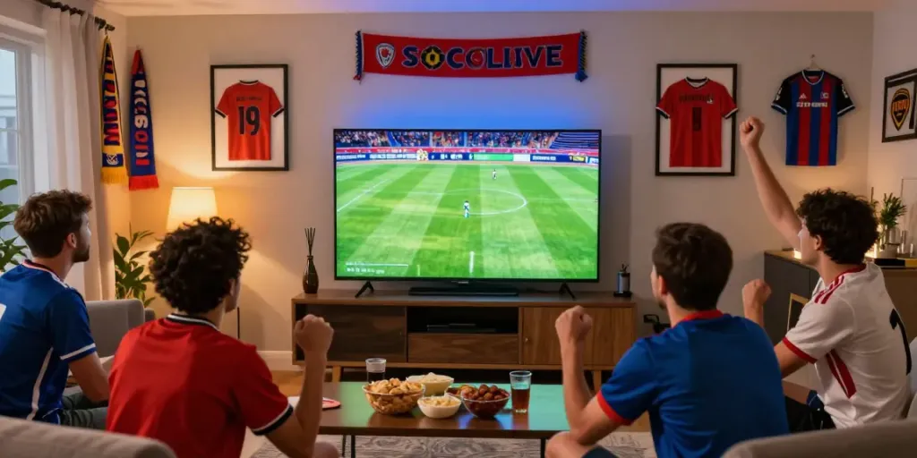 Socolive football fans enjoying a live match together in a vibrant living room atmosphere.