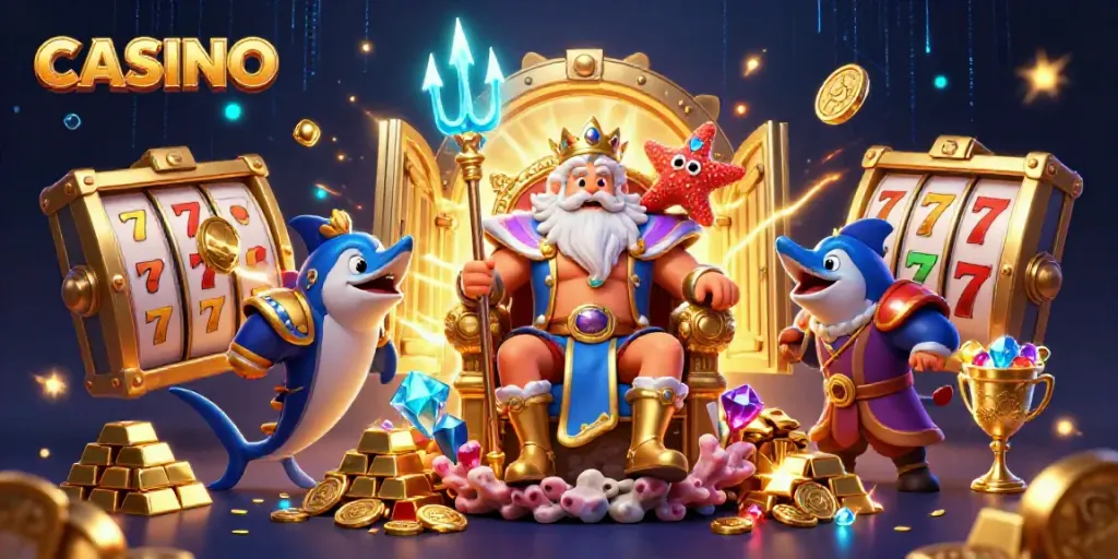 Experience the thrill of the CASINO with Neptune and treasures amidst glowing slot features.