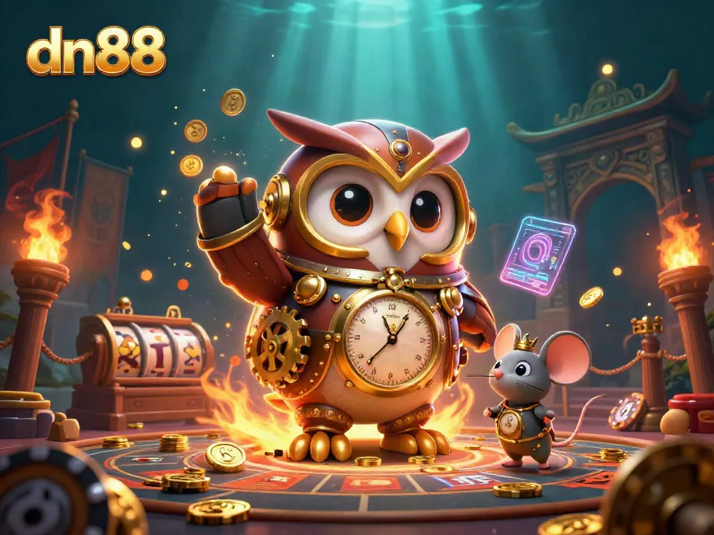 Engage with the vibrant dn88 slots experience featuring an owl and mouse amid golden coins.