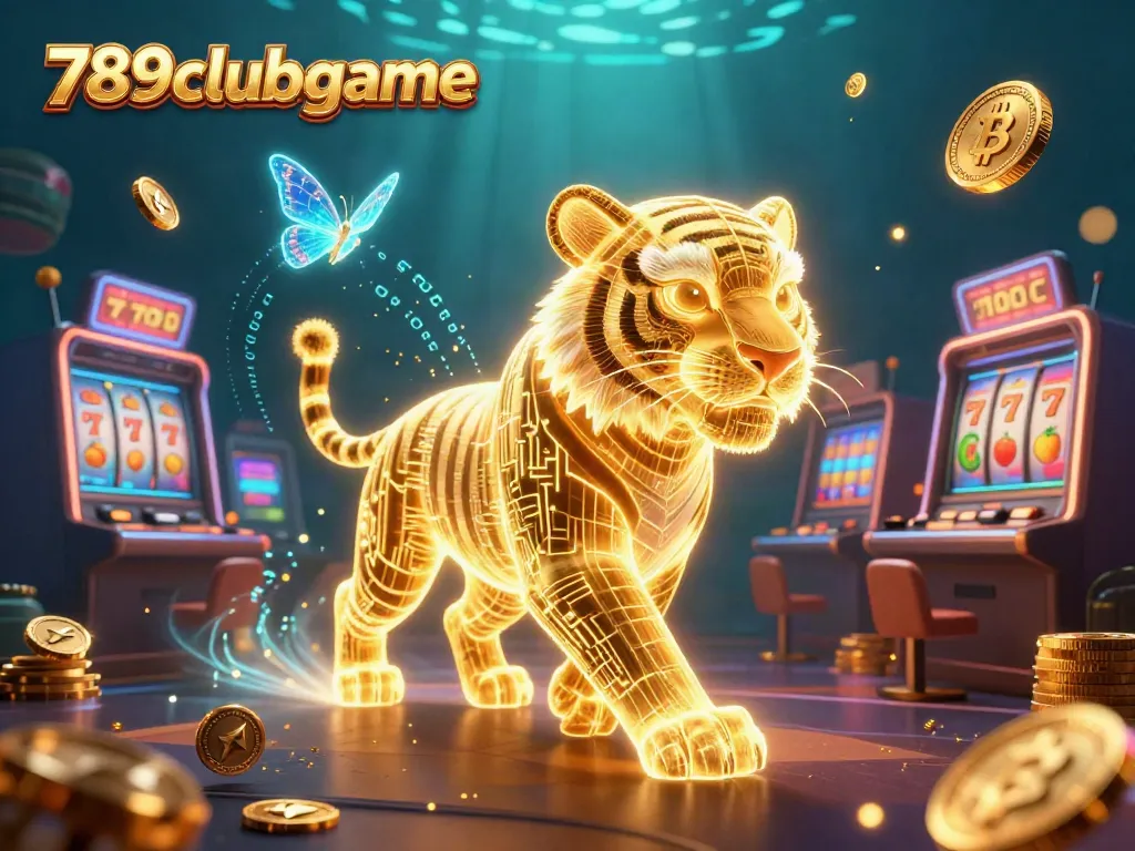 Explore exciting gaming at 789clubgame with a neon tiger and digital elements in a vibrant casino.